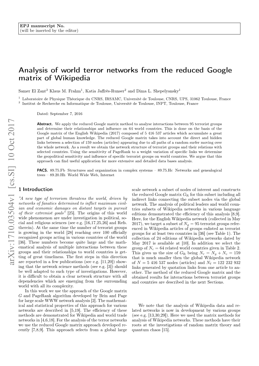 Analysis of World Terror Networks from the Reduced Google Matrix of Wikipedia
