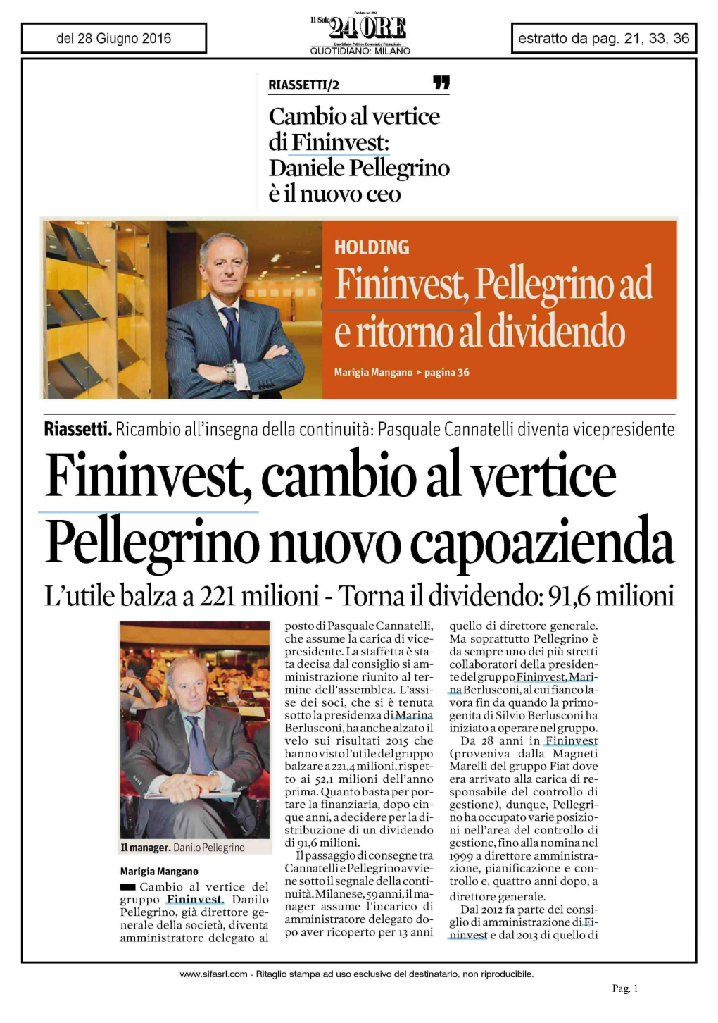 Fininvest, Cambio Al Vertice Pellegrino Nuovo Capoazienda