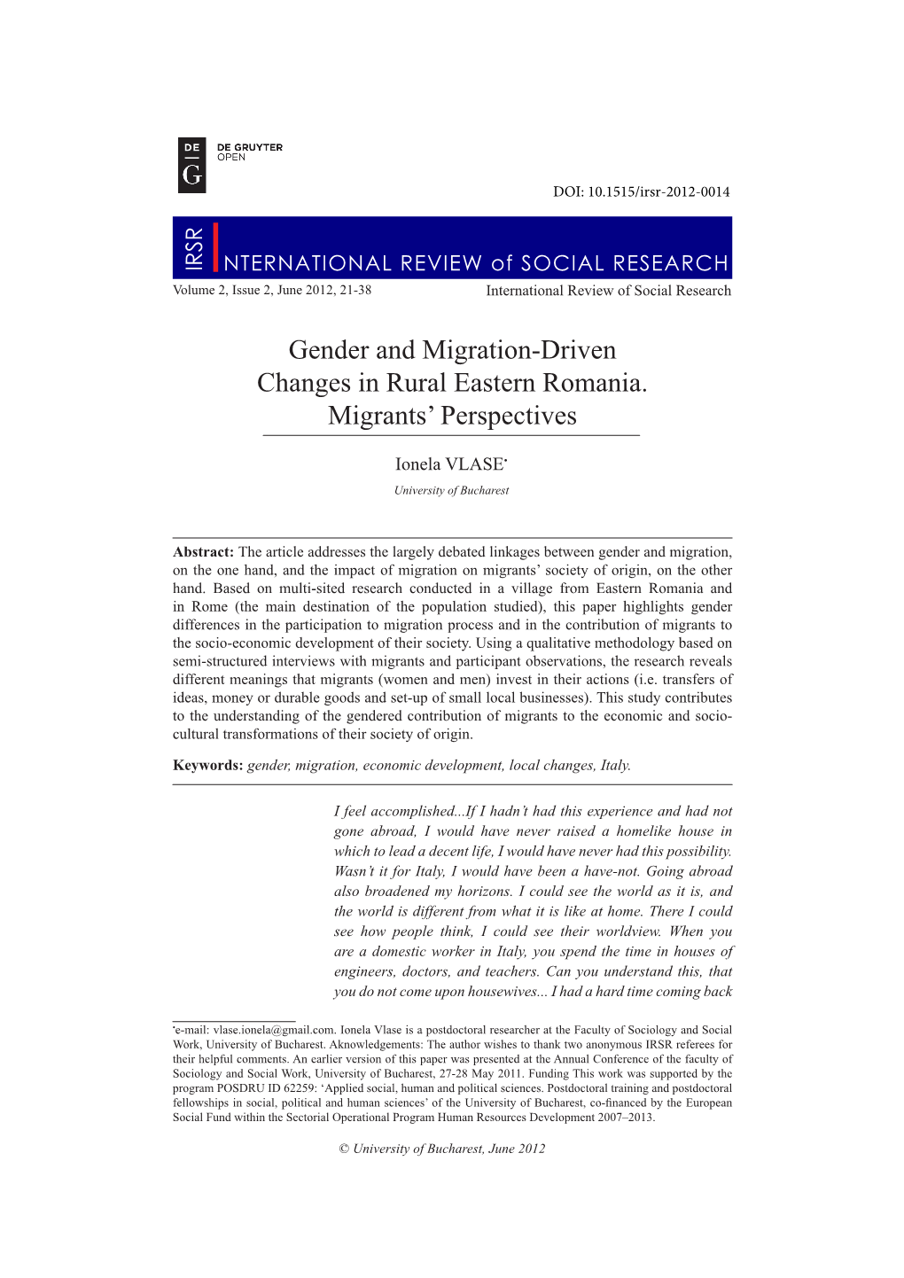 Gender and Migration-Driven Changes in Rural Eastern Romania