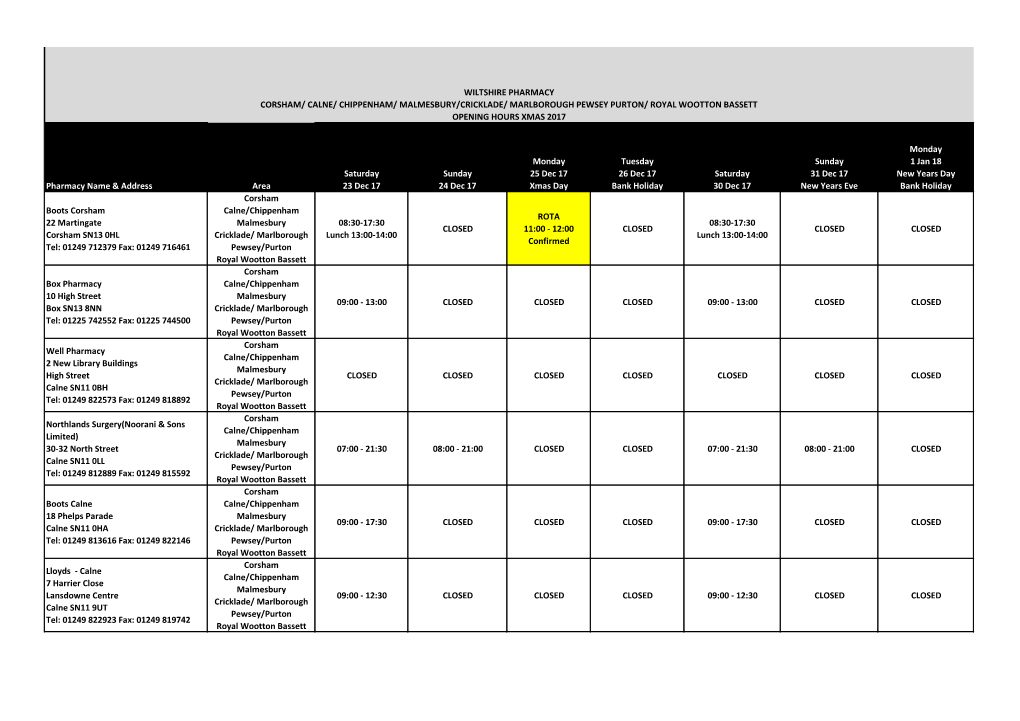 Pharmacy Name & Address Area Saturday 23 Dec 17 Sunday 24 Dec
