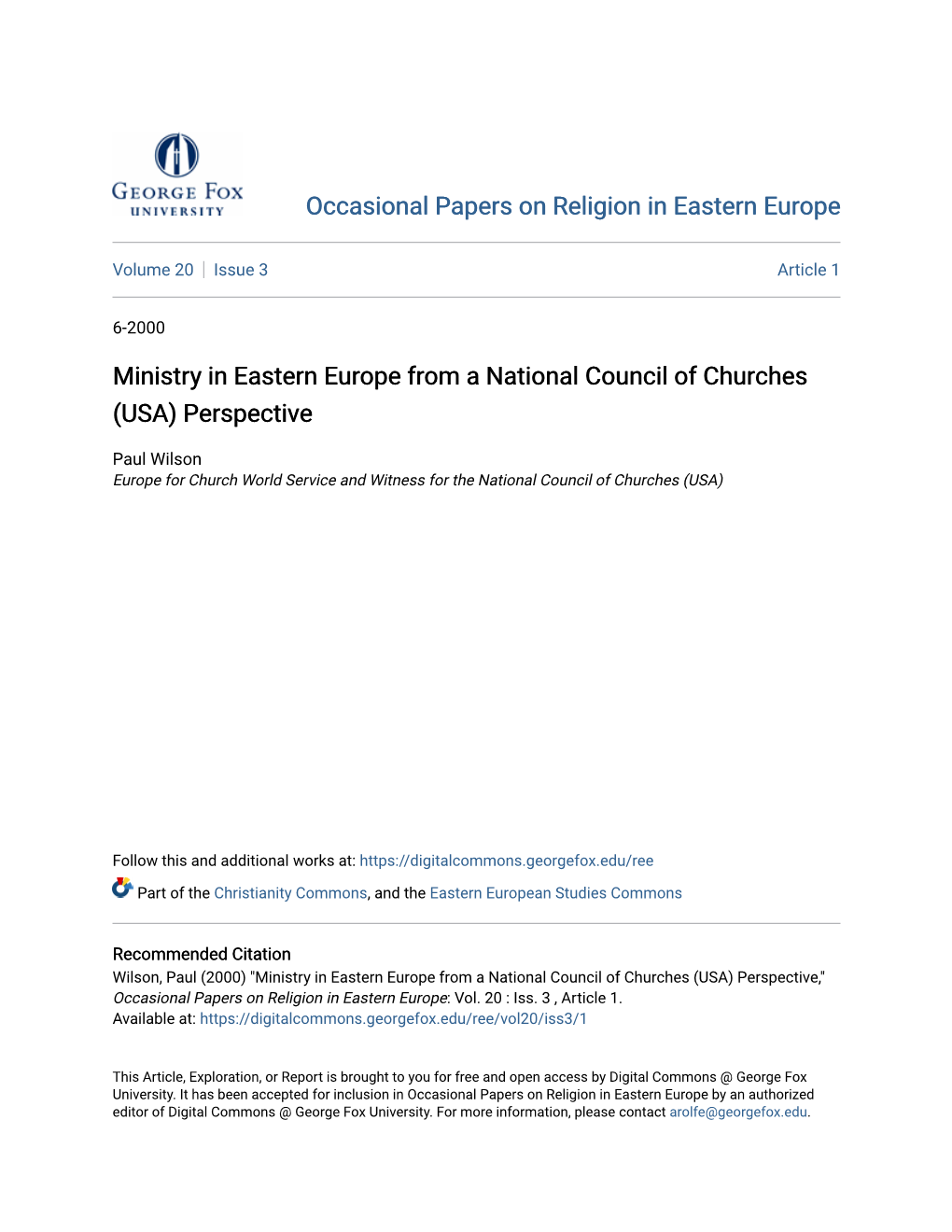 Ministry in Eastern Europe from a National Council of Churches (USA) Perspective