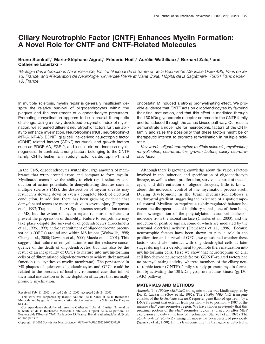 Ciliary Neurotrophic Factor (CNTF) Enhances Myelin Formation: a Novel Role for CNTF and CNTF-Related Molecules