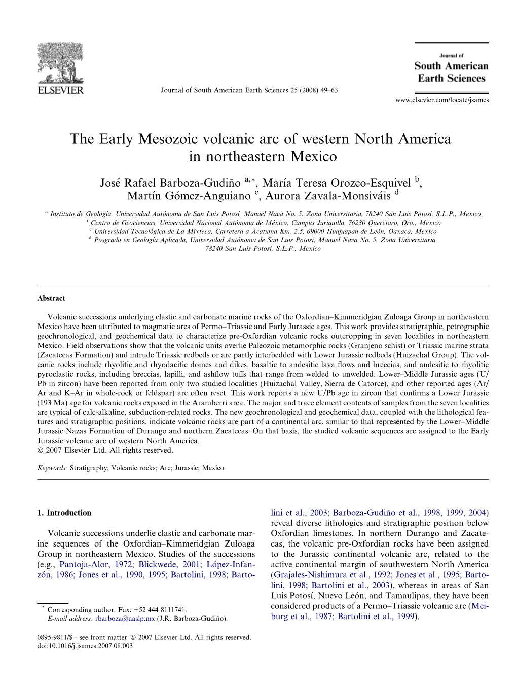 The Early Mesozoic Volcanic Arc of Western North America in Northeastern Mexico