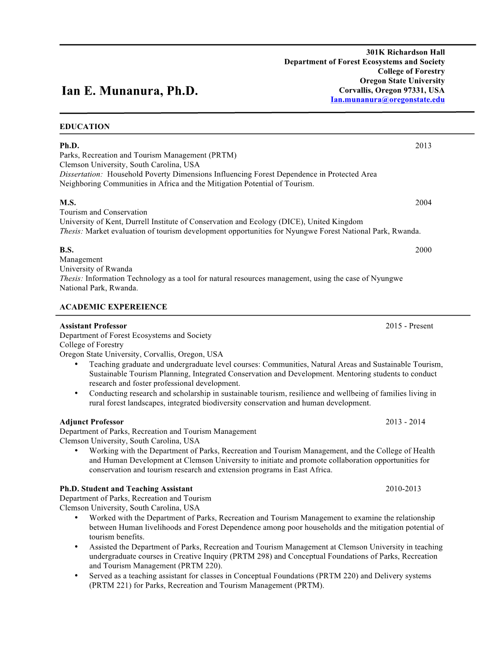 Ian E. Munanura, Ph.D. Corvallis, Oregon 97331, USA Ian.Munanura@Oregonstate.Edu