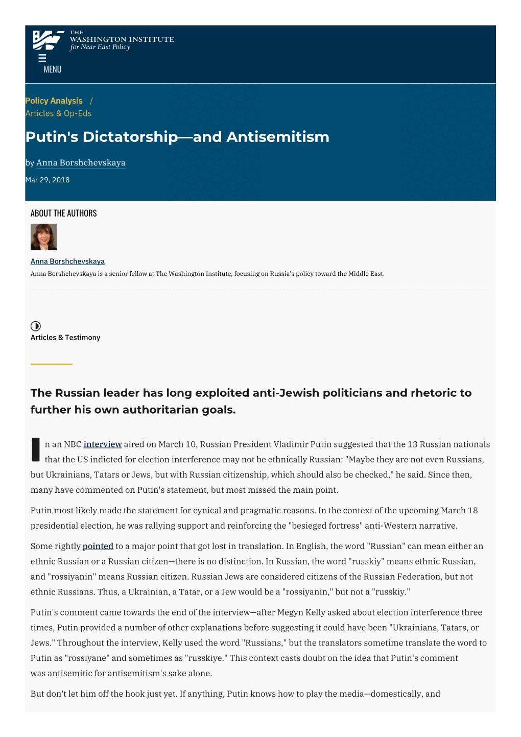 Putin's Dictatorship—And Antisemitism | the Washington Institute