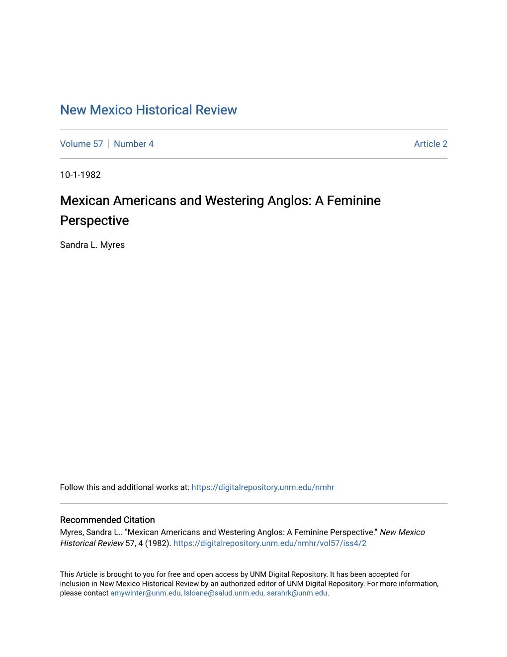 Mexican Americans and Westering Anglos: a Feminine Perspective