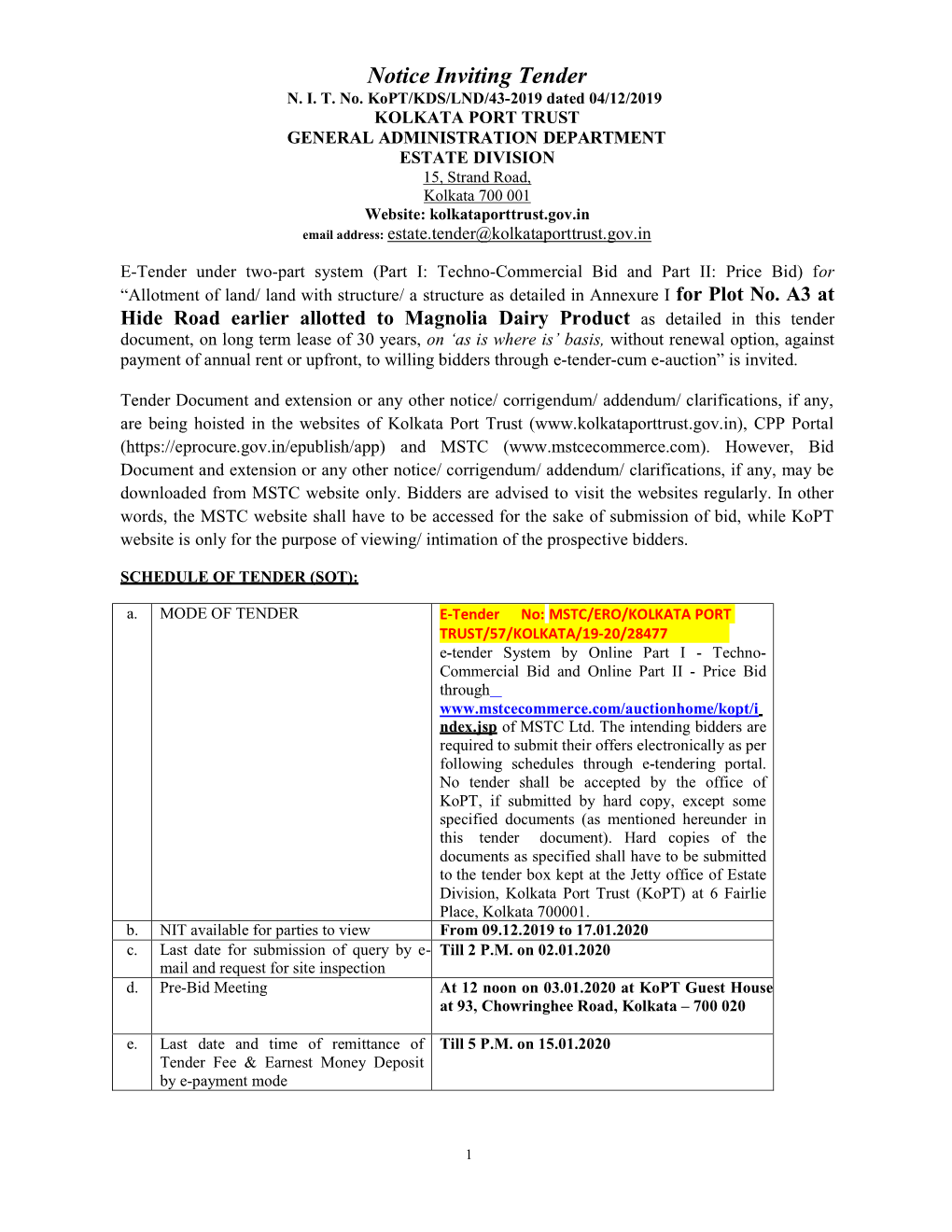 NIT for MSTC/ERO/KOLKATA PORT TRUST/57