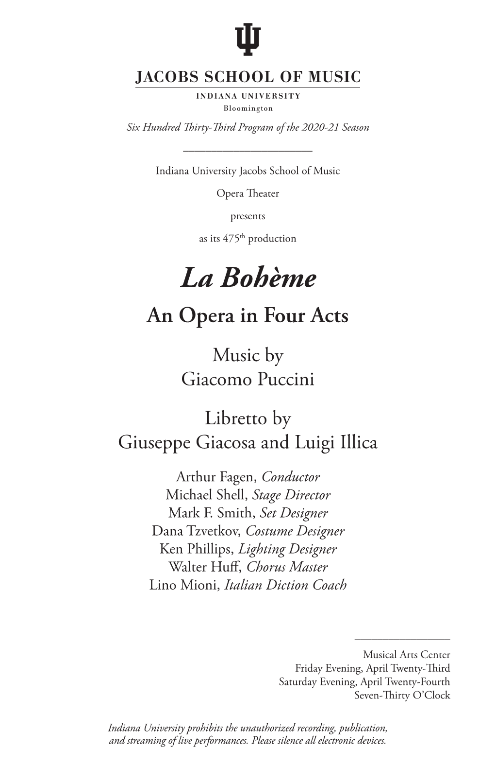 20210423 Program for IU Opera Theater Production of Puccini's La