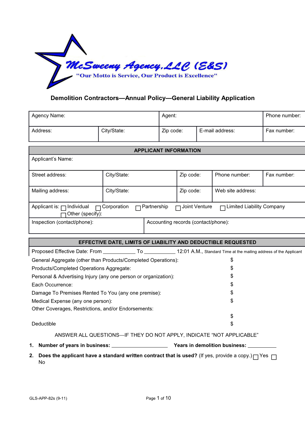 Demolition Contractors Annual Policy General Liability Application