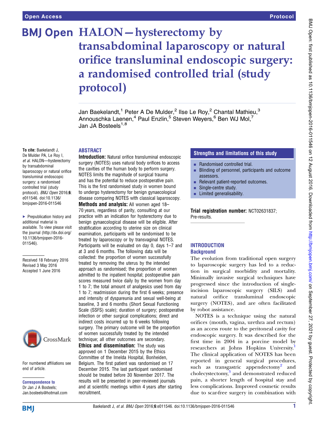 HALON—Hysterectomy by Transabdominal Laparoscopy Or Natural Oriﬁce Transluminal Endoscopic Surgery: a Randomised Controlled Trial (Study Protocol)