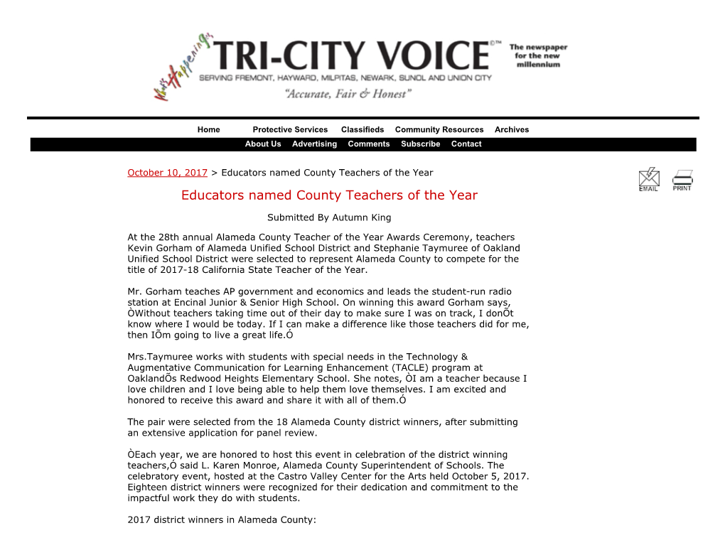 Educators Named County Teachers of the Year Educators Named County Teachers of the Year