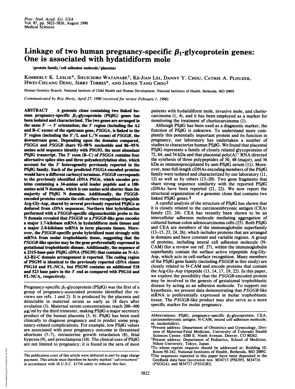 Linkage of Two Human Pregnancy-Specific 813-Glycoprotein Genes: One Is Associated with Hydatidiform Mole (Protein Family/Cell Adhesion Molecule/Placenta) KIMBERLY K