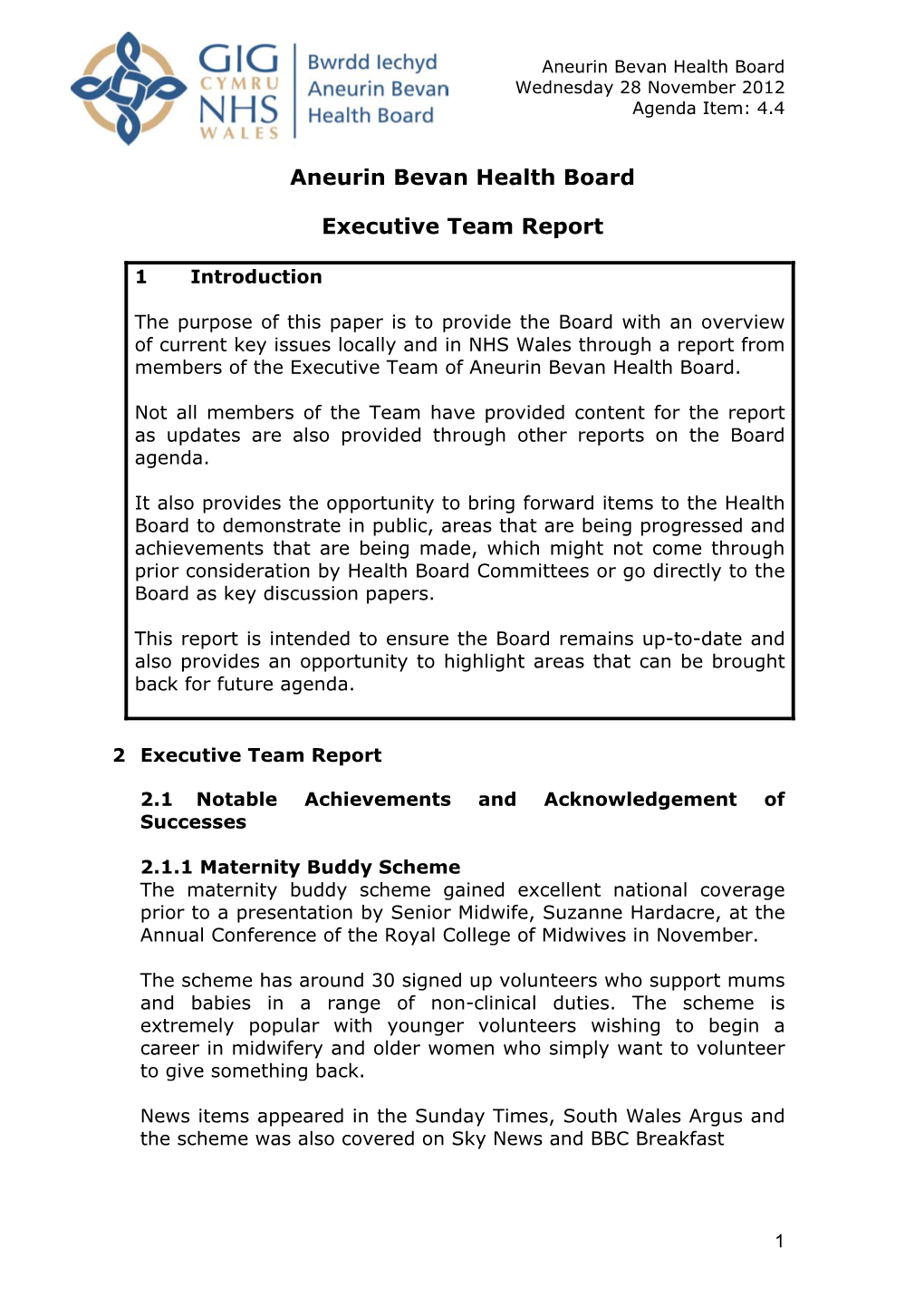 Aneurin Bevan Health Board Executive Team Report