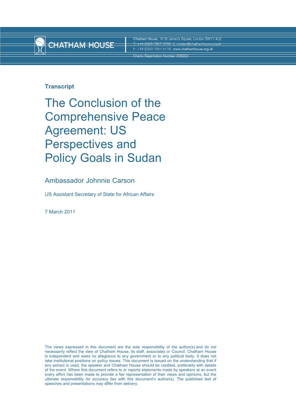 US Perspectives and Policy Goals in Sudan