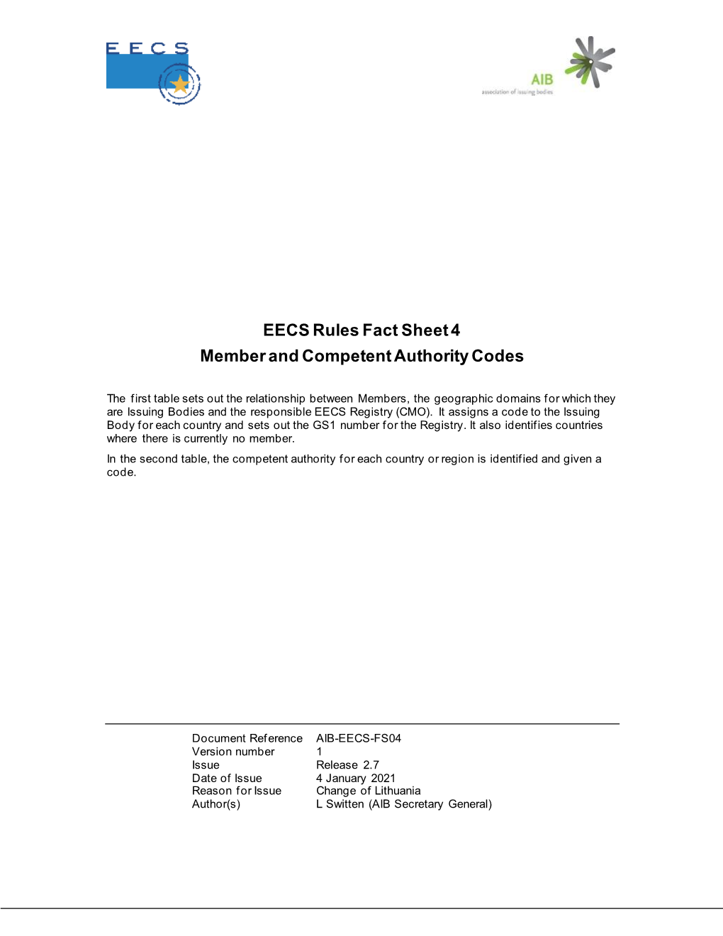 EECS Rules Fact Sheet 4 Member and Competent Authority Codes