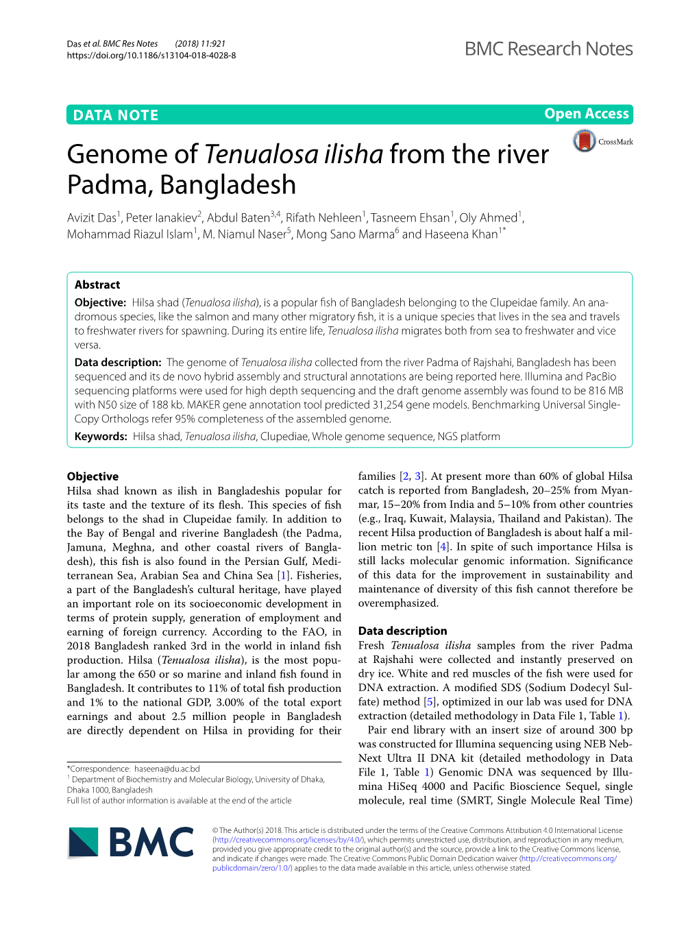 Genome of Tenualosa Ilisha from the River Padma, Bangladesh