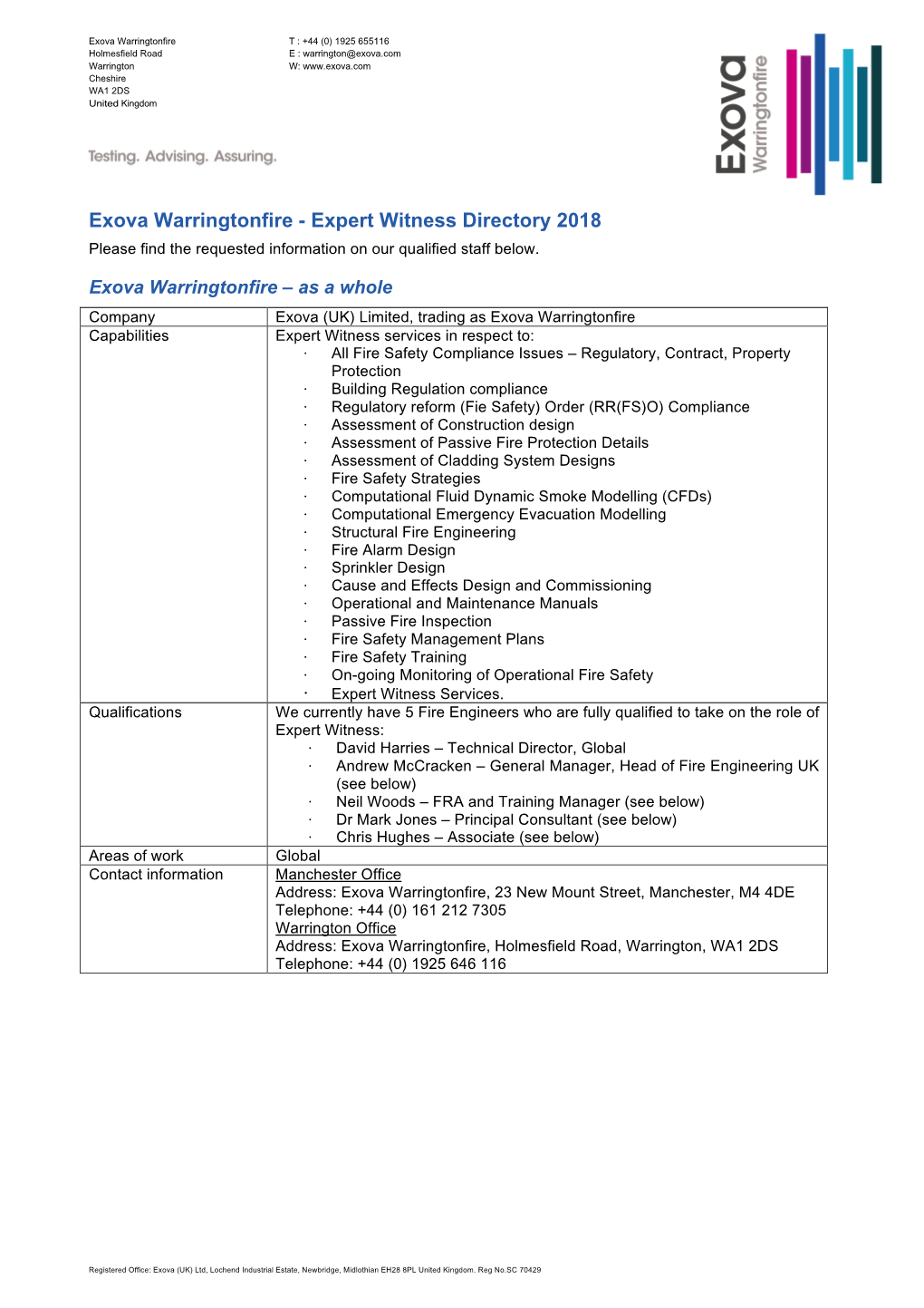 Exova Warringtonfire T : +44 (0) 1925 655116 Holmesfield Road E : Warrington@Exova.Com Warrington W: Cheshire WA1 2DS United Kingdom