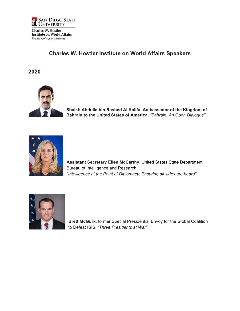 Charles W. Hostler Institute on World Affairs Speakers 2020