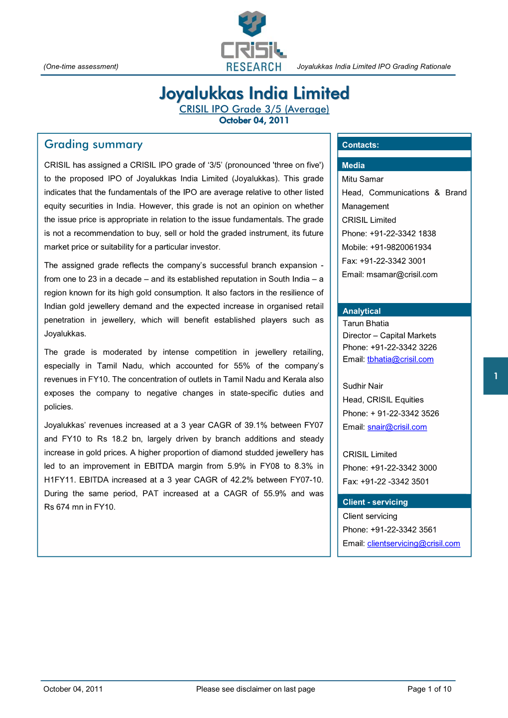 Joyalukkas India Limited IPO Grading Rationale