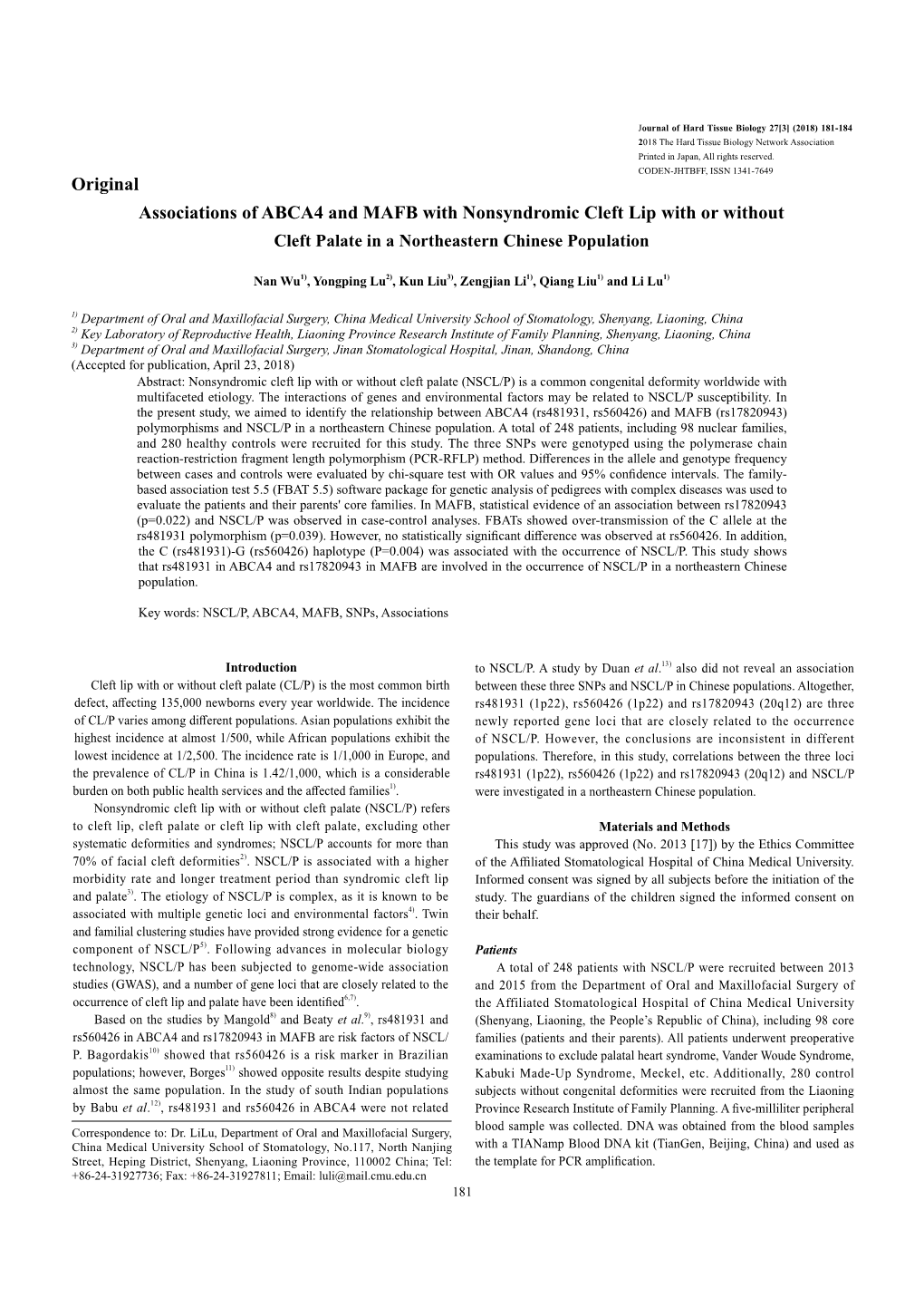 Original Associations of ABCA4 and MAFB with Nonsyndromic Cleft Lip with Or Without Cleft Palate in a Northeastern Chinese Population