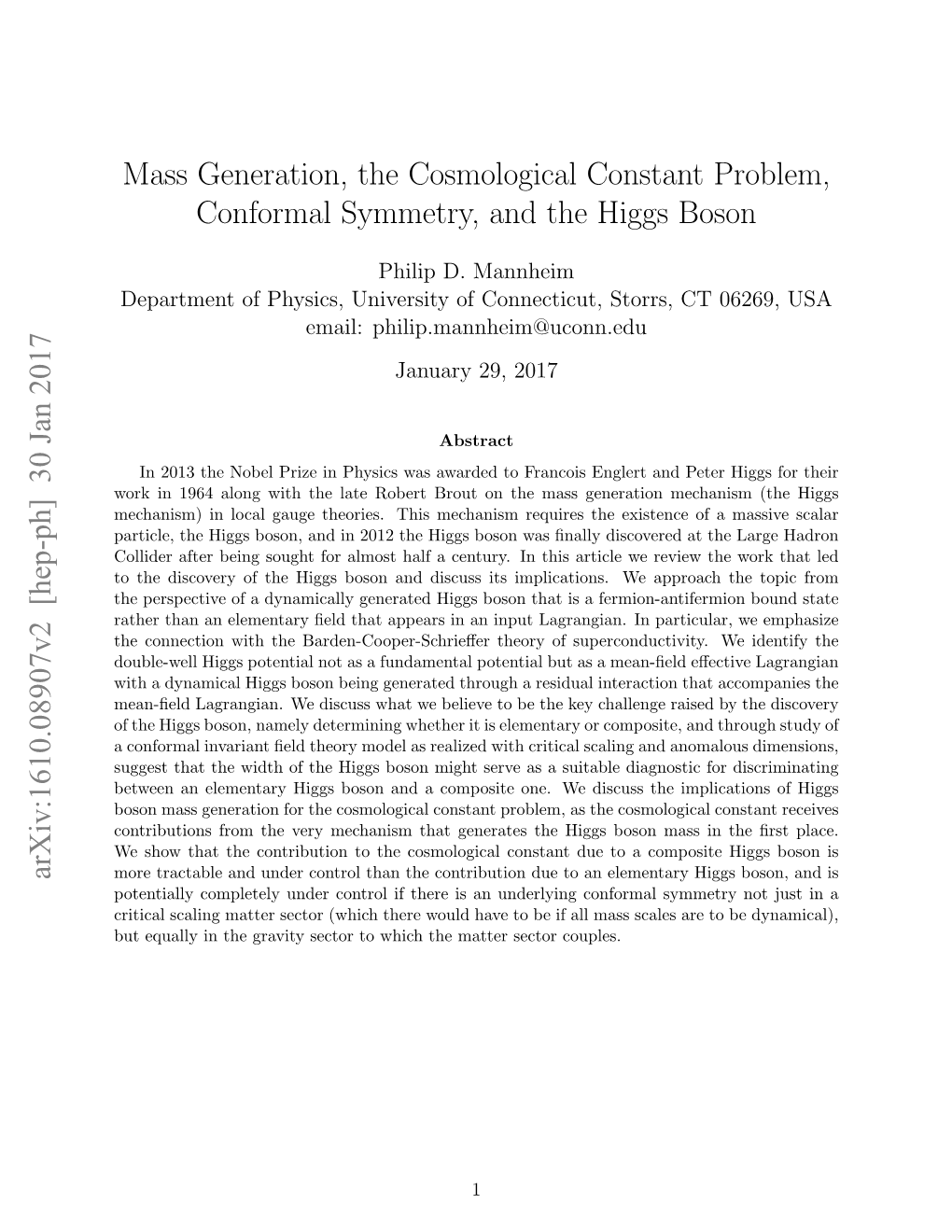 Mass Generation, the Cosmological Constant Problem, Conformal Symmetry, and the Higgs Boson