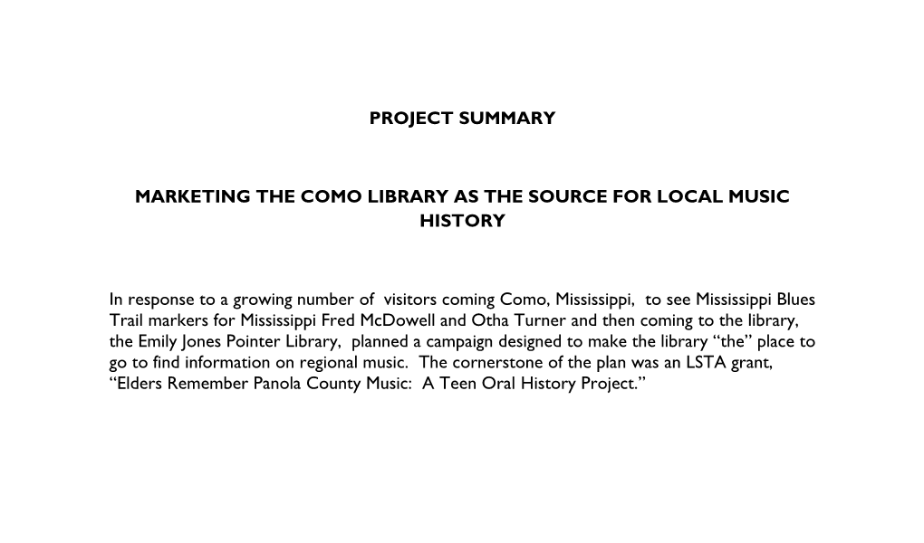 Project Summary Marketing the Como Library As The