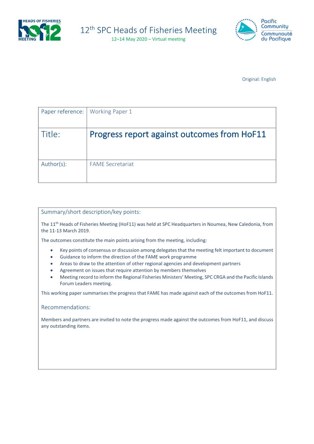 Progress Report Against Outcomes from Hof11