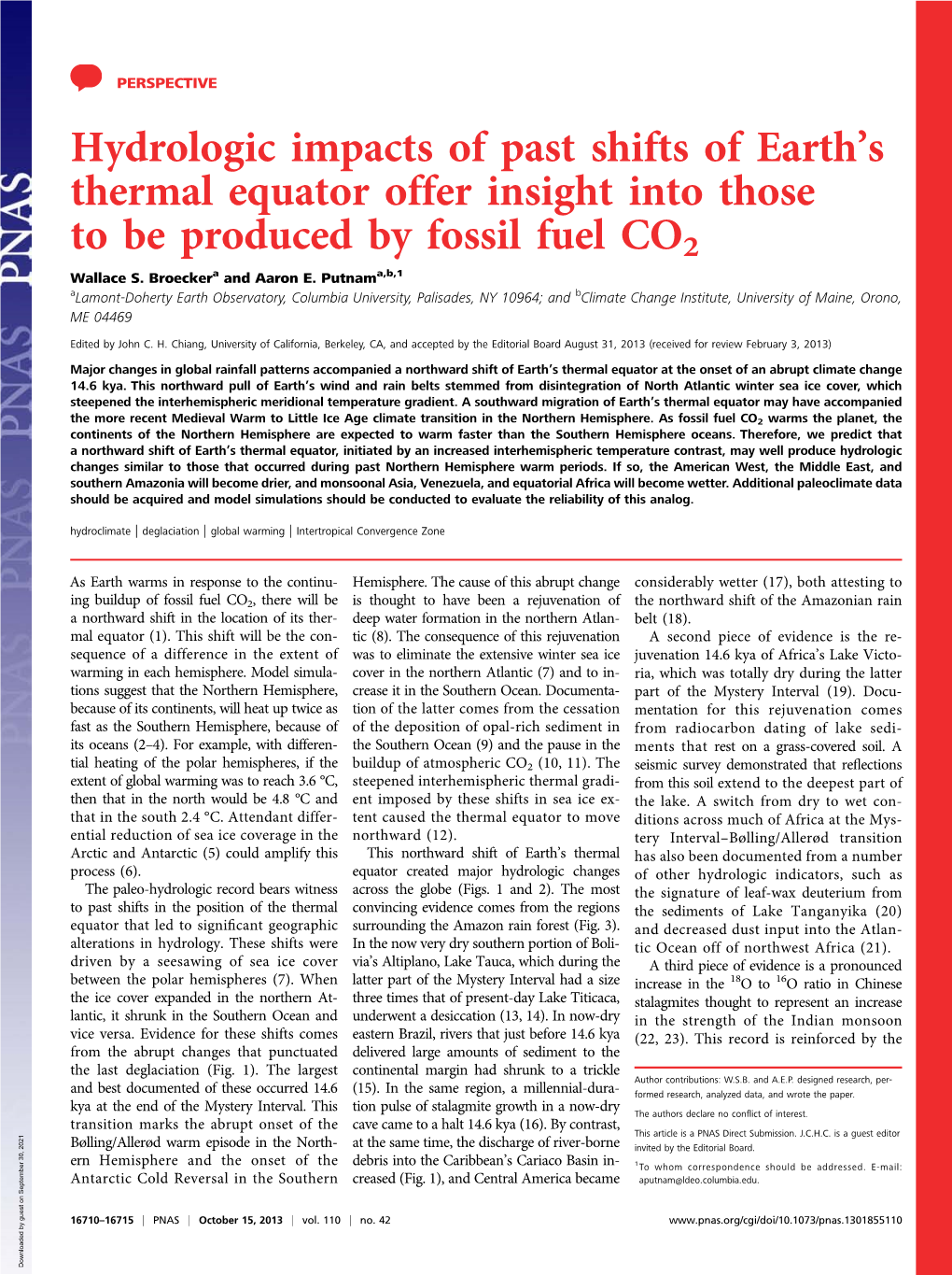 Hydrologic Impacts of Past Shifts of Earthls Thermal Equator Offer