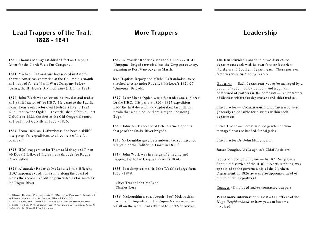 Lead Trappers of the Trail: More Trappers Leadership 1828 - 1841