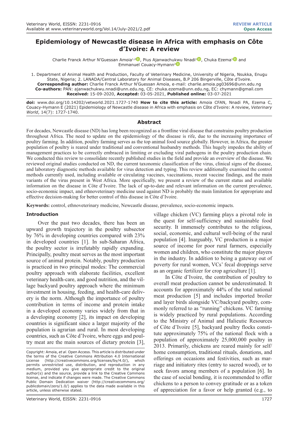 Epidemiology of Newcastle Disease in Africa with Emphasis on Côte D'ivoire