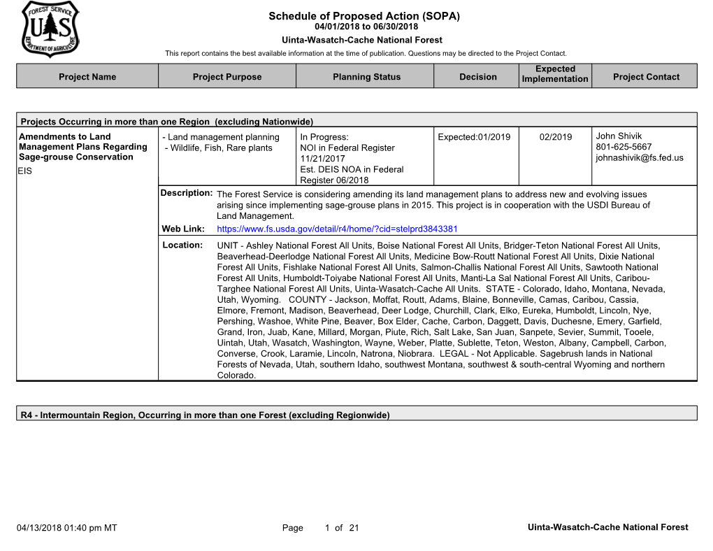 Uinta-Wasatch-Cache National Forest This Report Contains the Best Available Information at the Time of Publication