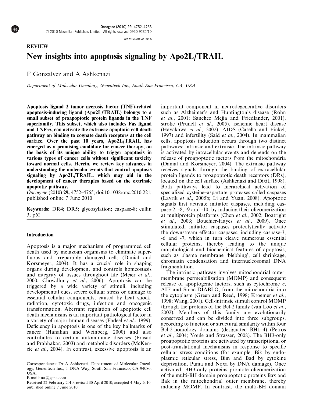 New Insights Into Apoptosis Signaling by Apo2l/TRAIL