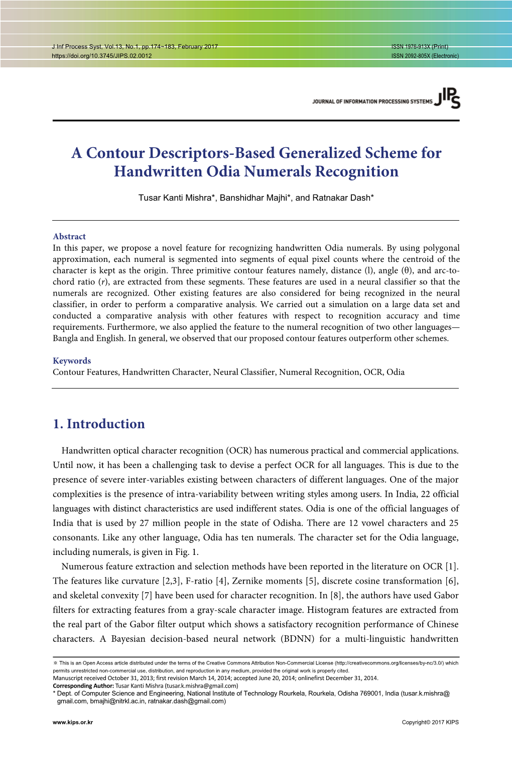 A Contour Descriptors-Based Generalized Scheme for Handwritten Odia Numerals Recognition