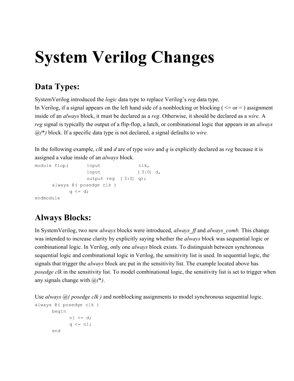 System Verilog Changes