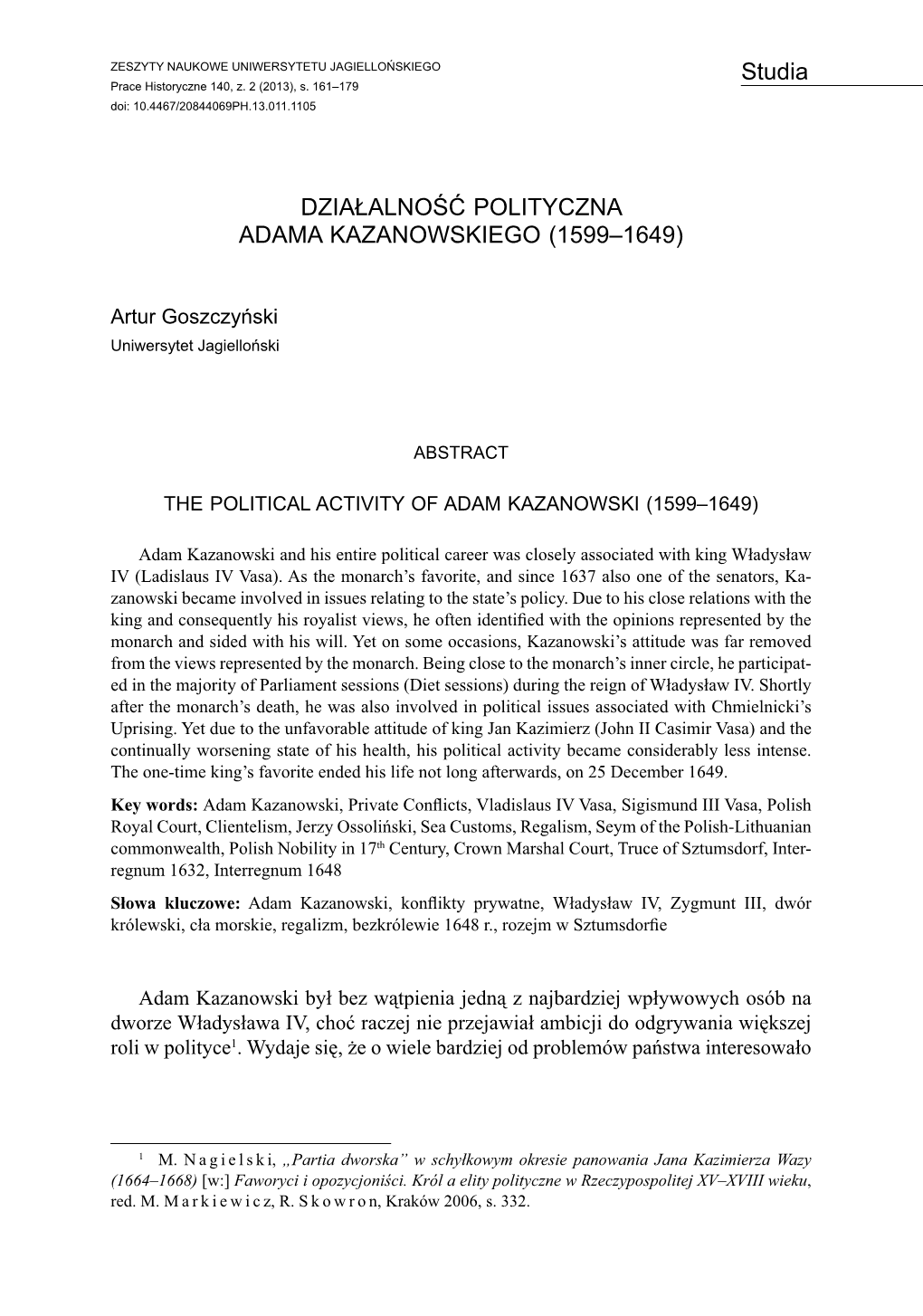 Działalność Polityczna Adama Kazanowskiego (1599–1649)