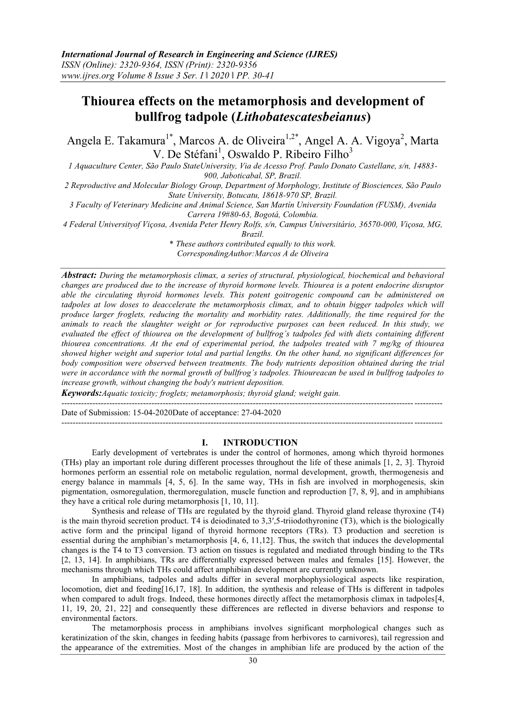 Thiourea Effects on the Metamorphosis and Development of Bullfrog Tadpole (Lithobatescatesbeianus)