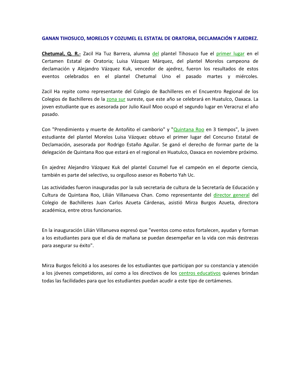 Ganan Tihosuco, Morelos Y Cozumel El Estatal De Oratoria, Declamación Y Ajedrez