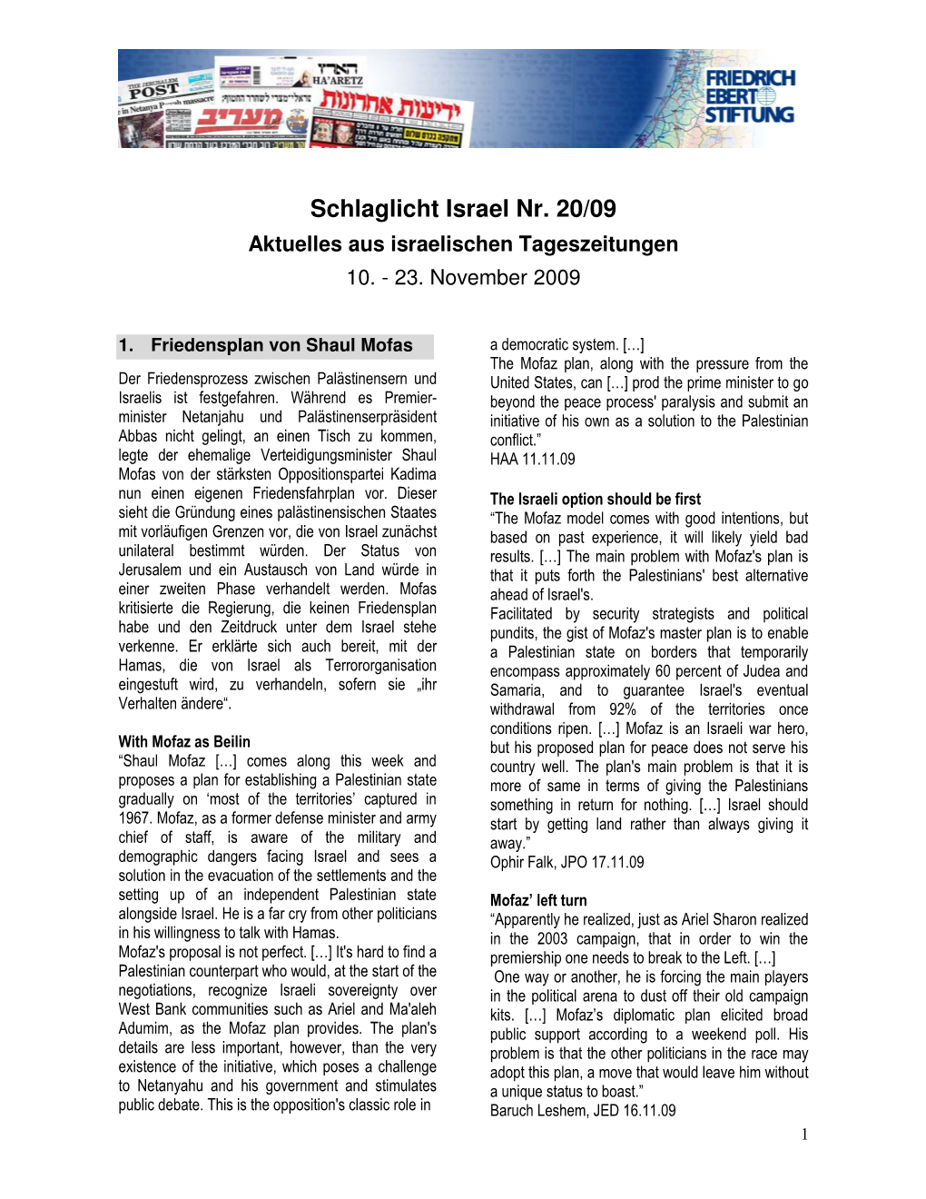 Schlaglicht Israel Nr. 20/09 Aktuelles Aus Israelischen Tageszeitungen 10