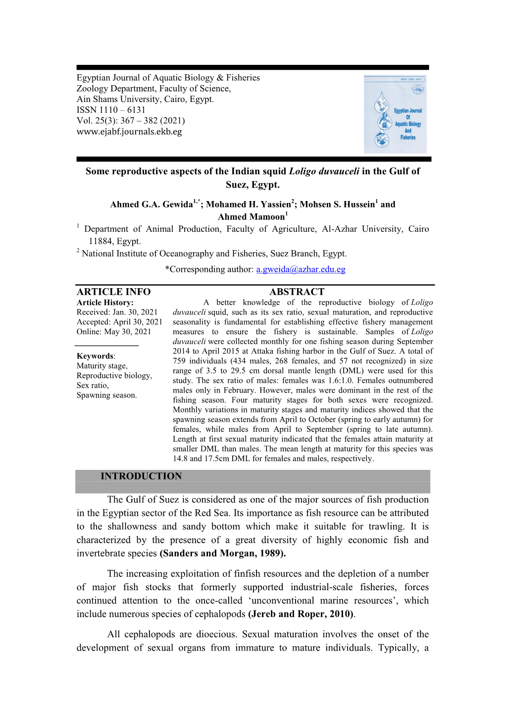 Some Reproductive Aspects of the Indian Squid Loligo Duvauceli in the Gulf of Suez, Egypt