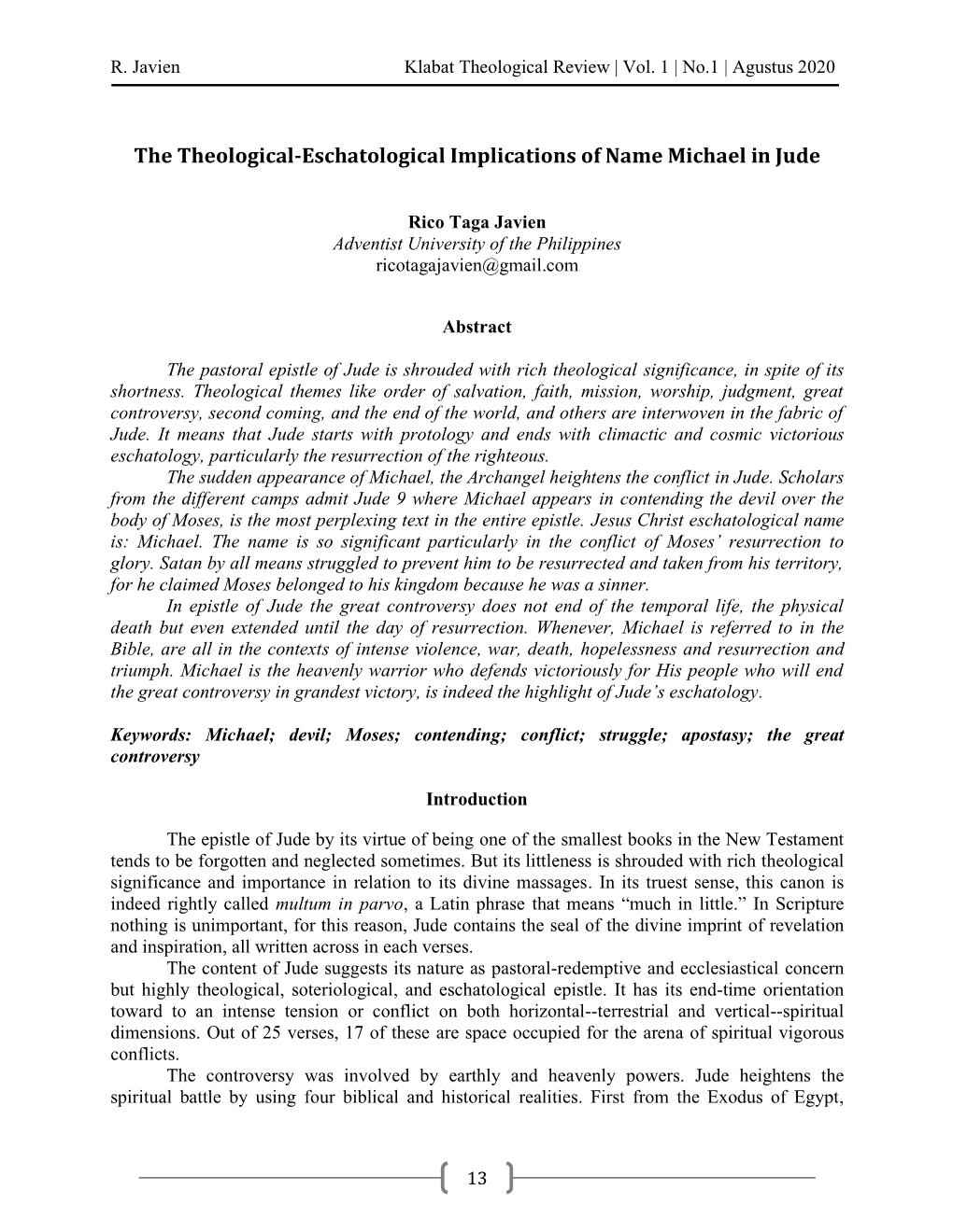 The Theological-Eschatological Implications of Name Michael in Jude