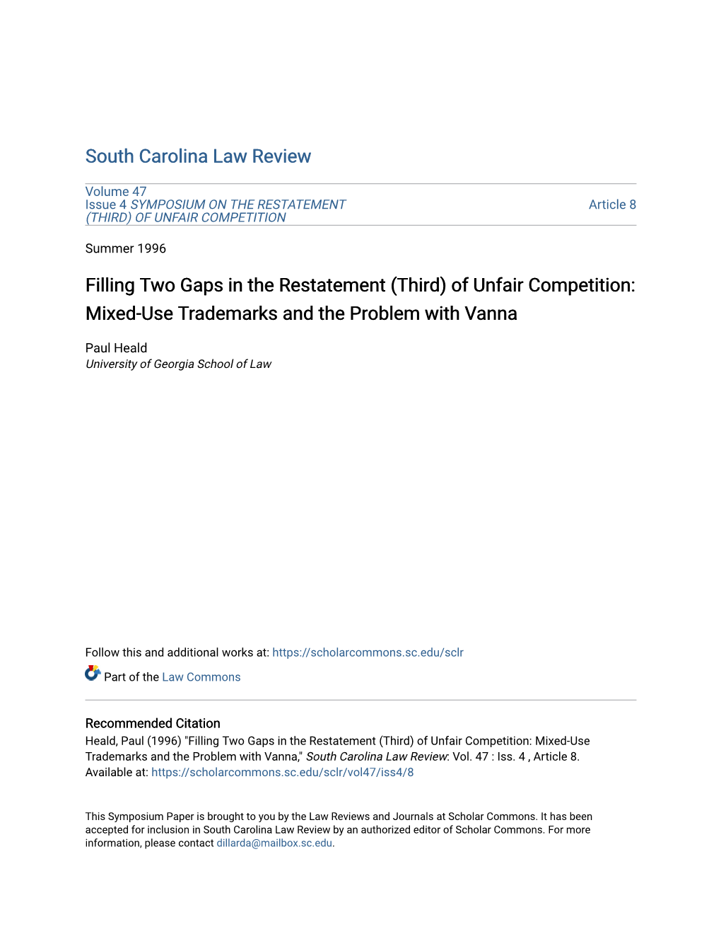 Filling Two Gaps in the Restatement (Third) of Unfair Competition: Mixed-Use Trademarks and the Problem with Vanna