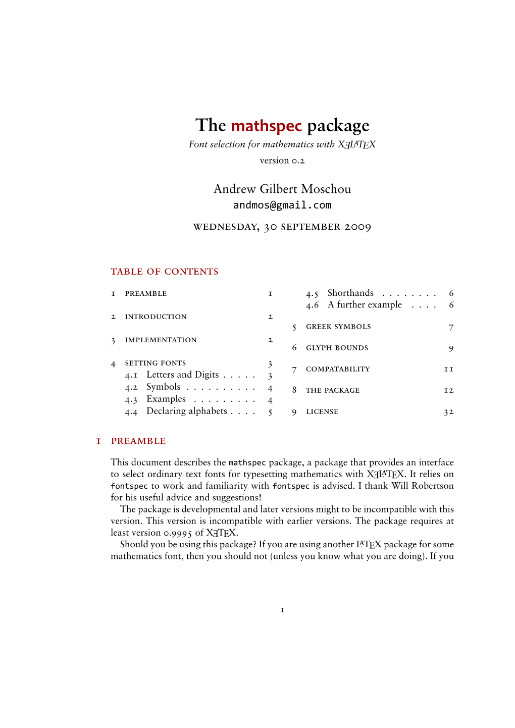 The Mathspec Package Font Selection for Mathematics with X LE TEX Version .