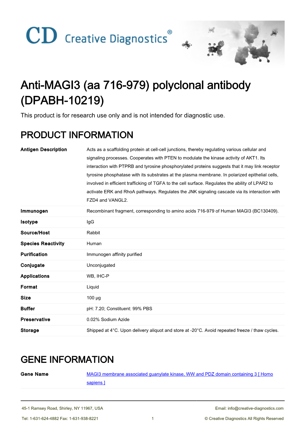 Anti-MAGI3 (Aa 716-979) Polyclonal Antibody (DPABH-10219) This Product Is for Research Use Only and Is Not Intended for Diagnostic Use