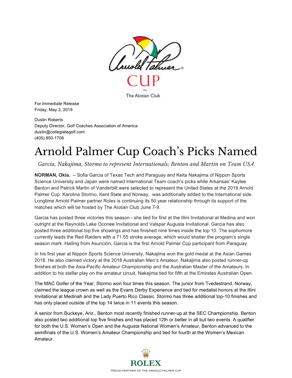 Arnold Palmer Cup Coach's Picks Named