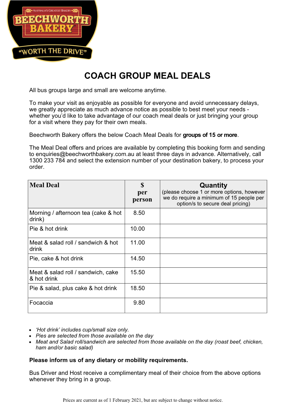 Coach Group Meal Deals