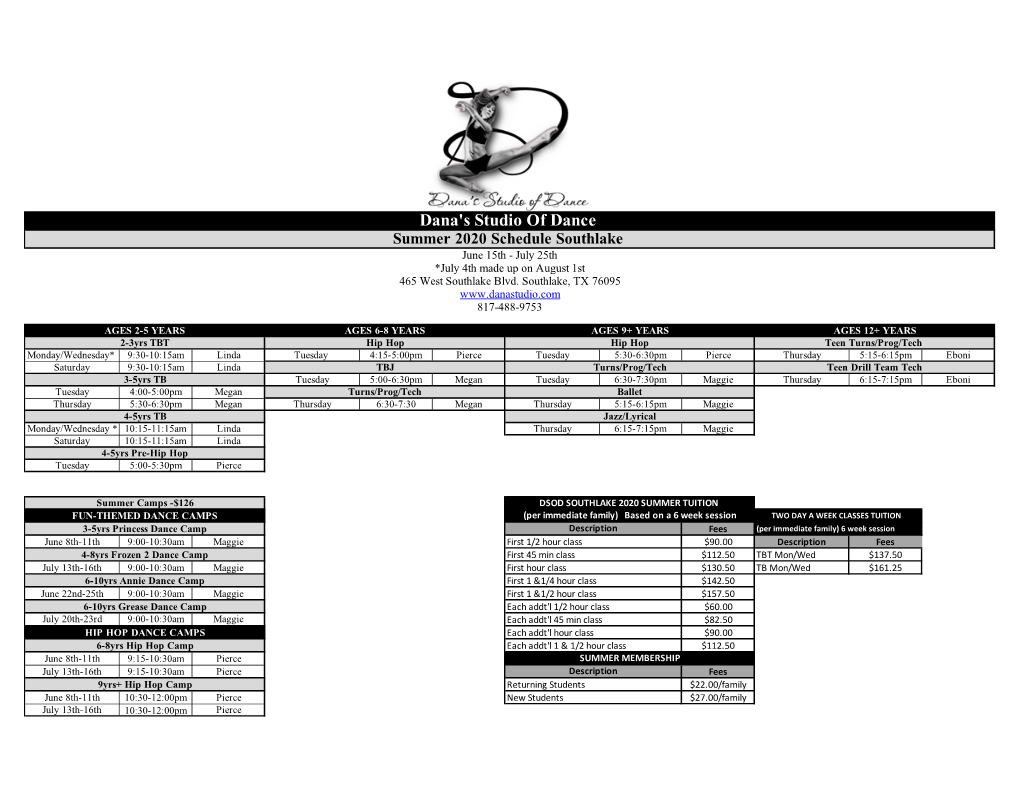 Southlake Summer Schedule 2020-2