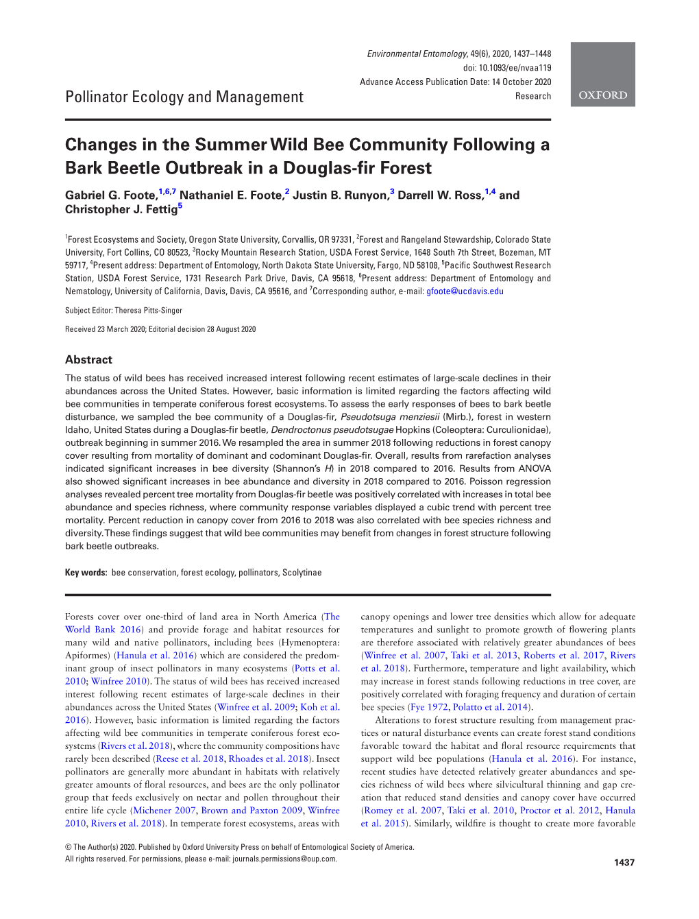 Changes in the Summer Wild Bee Community Following a Bark Beetle Outbreak in a Douglas-Fr Forest