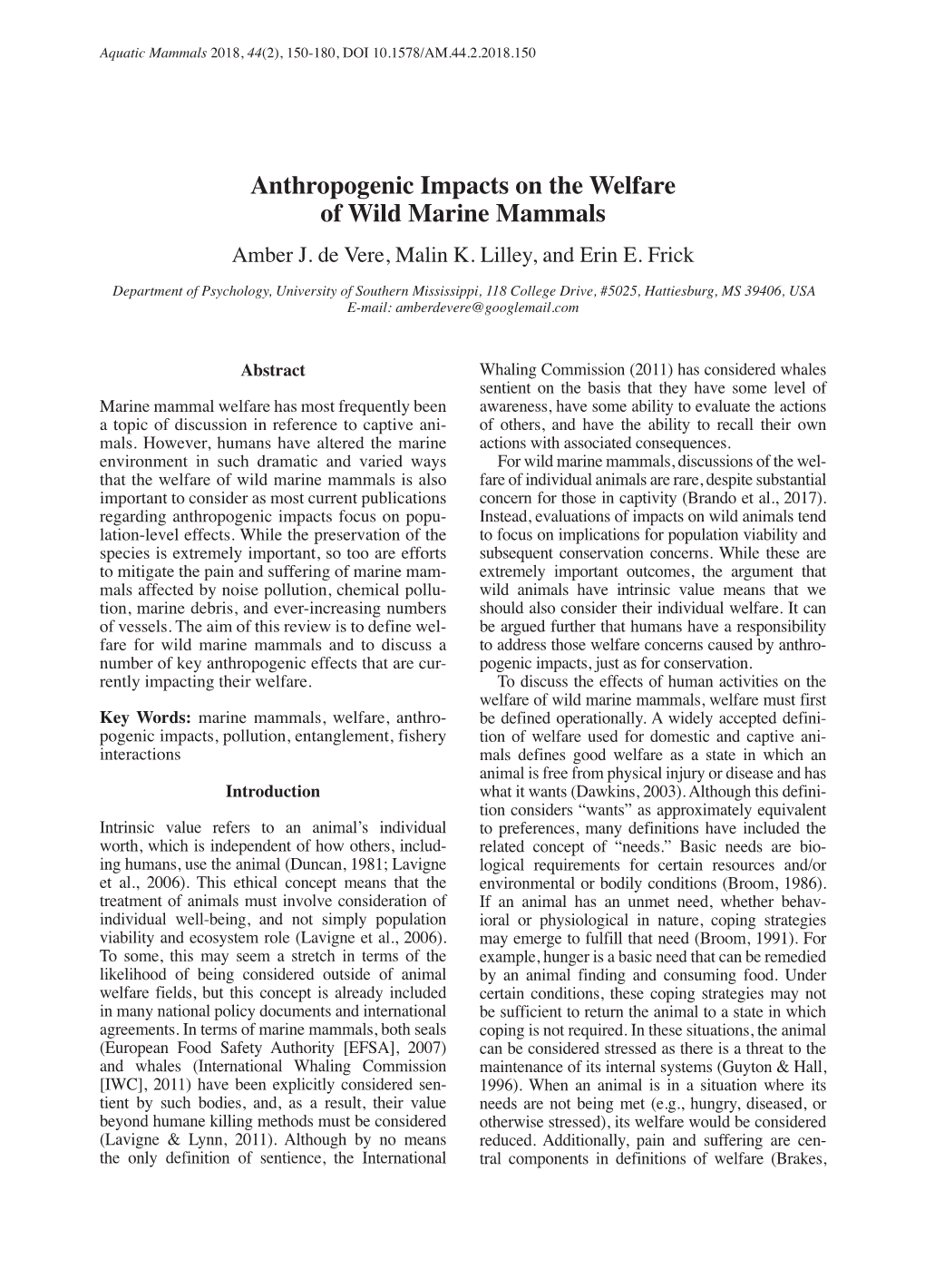 Anthropogenic Impacts on the Welfare of Wild Marine Mammals Amber J