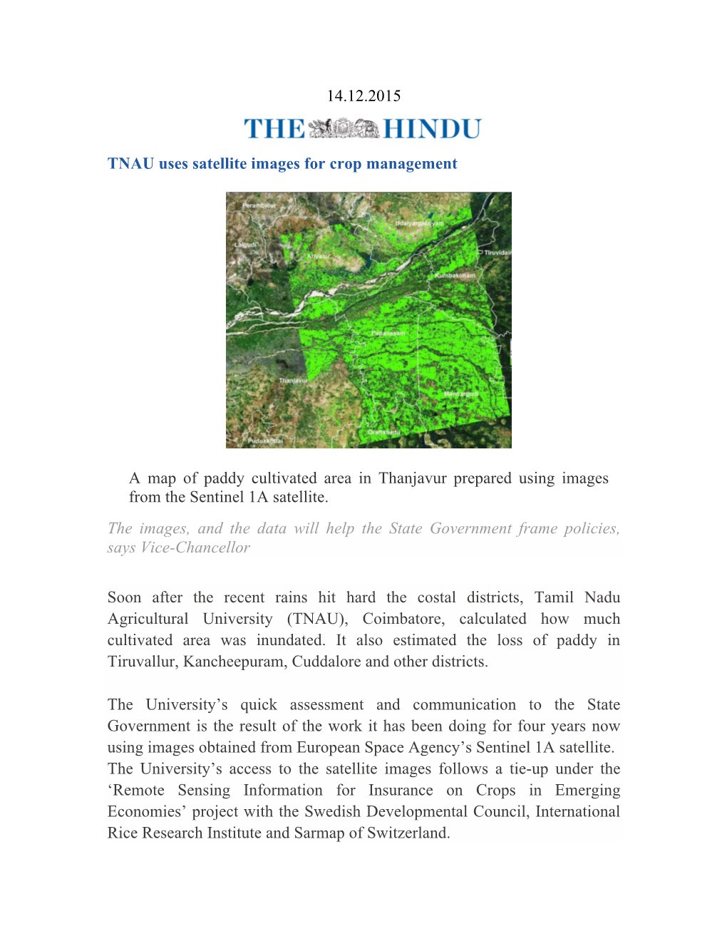 14.12.2015 TNAU Uses Satellite Images for Crop Management A