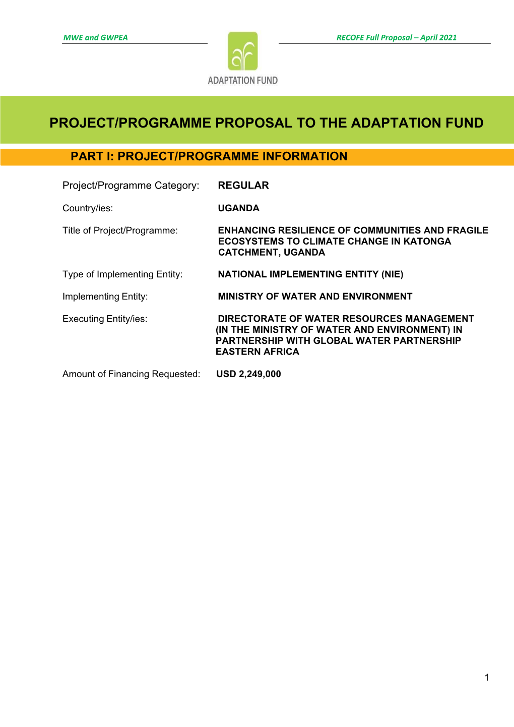 Project/Programme Proposal to the Adaptation Fund